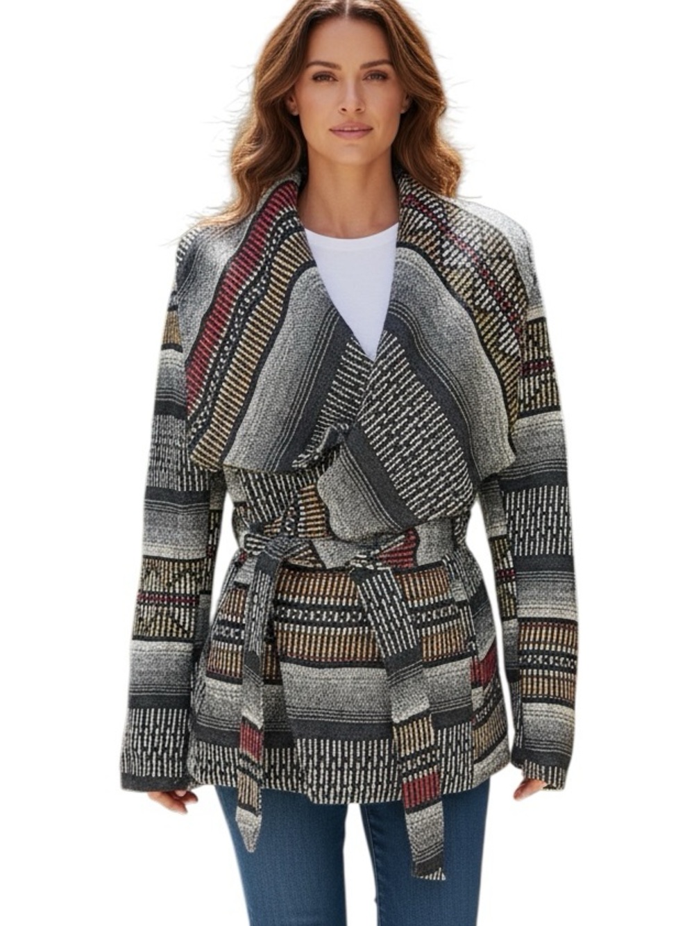 DAYTRIP: Women Aztec Print Wrap Coat  Gray Black Wool Peacoat / Jacket-Small